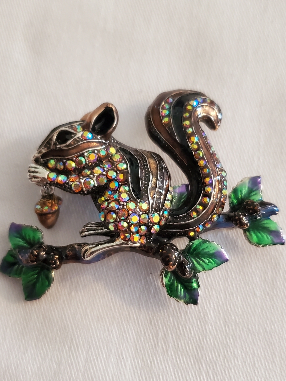 Kirks Folly Crystal-Embellished Squirrel Brooch with Enamel Leaves - Picture 2 of 4